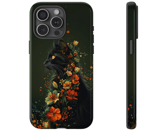 Black Cat Red Flower Vines Floral Phone Case: iPhone, Galaxy, Pixel - Lifetime Warranty