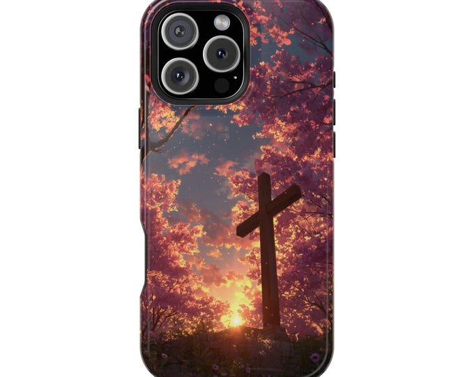Wood Cross Pink Cherry Trees Sunrise Phone Case: iPhone, Galaxy, Pixel - Lifetime Warranty