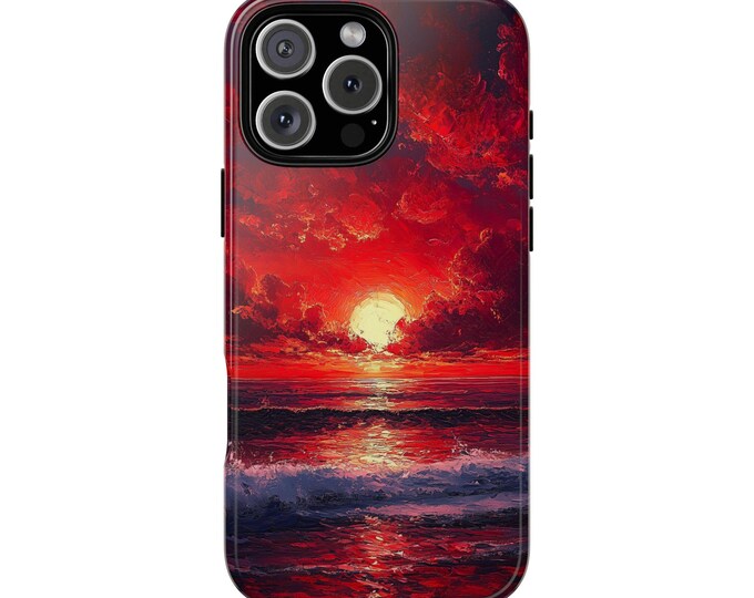 Red Beach Sunset Ocean Waves Phone Case: iPhone, Galaxy, Pixel - Lifetime Warranty