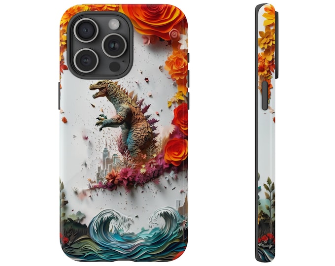 Kaiju Floral Paper Cut Phone Case - Monster Art Wildflower Phone Cover - Lizard Dinosaur Phone Case - iPhone, Pixel, Samsung Galaxy
