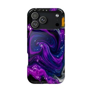 May include: A smartphone case featuring a vibrant, swirling abstract pattern of deep purple, royal blue, and black colors. The design includes white speckles resembling stars, with a black camera module cutout at the top containing three lenses.
