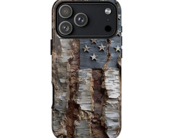 Rustic Tree Bark American Flag USA Phone Case • Original Artwork • Heavy Duty Protection • Tech Gift • Lifetime Warranty