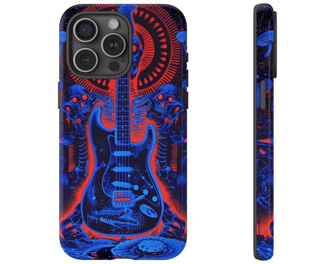 Psychedelic Neon Skull Guitar Phone Case: iPhone, Galaxy, Pixel - Lifetime Warranty