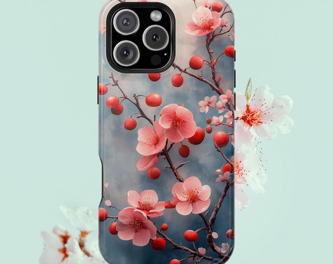 Cherry Blossom Tree Petals on Teal Phone Case: iPhone, Galaxy, Pixel - Lifetime Warranty