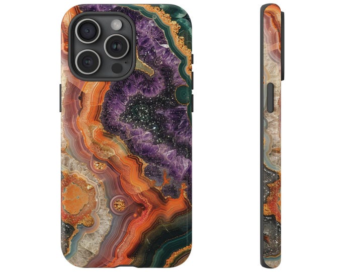 Purple Orange Crystal Geode Rock Amethyst Phone Case: iPhone, Galaxy, Pixel - Lifetime Warranty
