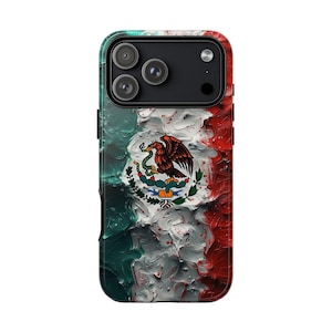 May include: A phone case featuring the Mexican flag design. The case has a green, white, and red color scheme with the Mexican coat of arms in the center. The case is designed to fit a smartphone with a triple-lens camera.