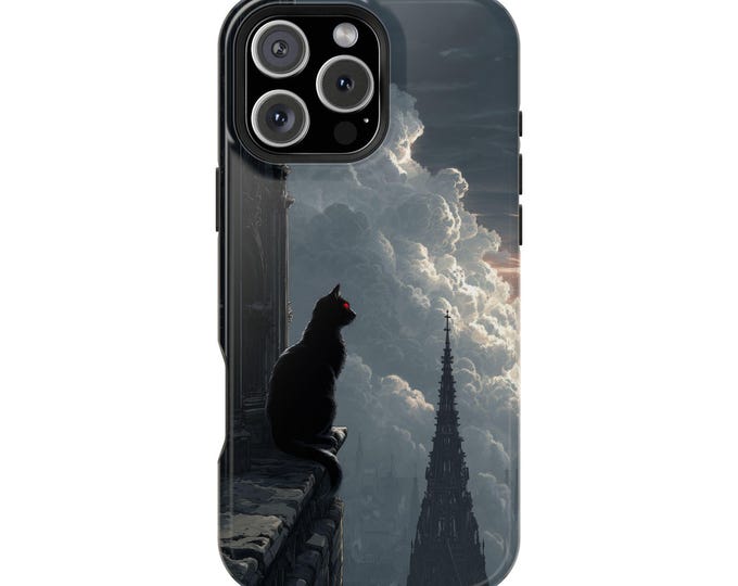 Black Cat Cathedral View Phone Case: iPhone, Galaxy, Pixel - Lifetime Warranty