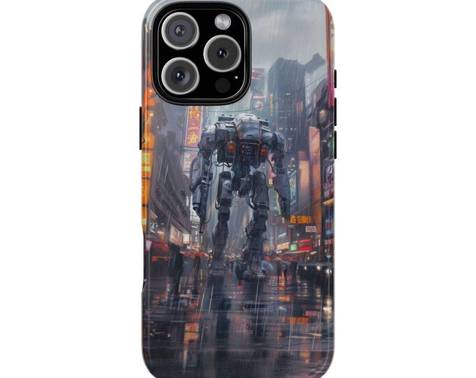 Mech Steel Robot Titan Guardian Rainy City Phone Case: iPhone, Galaxy, Pixel - MagSafe Compatible