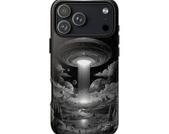 UFO Cosmic Landscape Black Gray Phone Case • Original Artwork • Heavy Duty Protection • Tech Gift • Lifetime Warranty