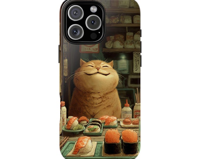 Happy Cat at Sushi Bar Kitty Sashimi Japan Phone Case: iPhone, Galaxy, Pixel - MagSafe Compatible