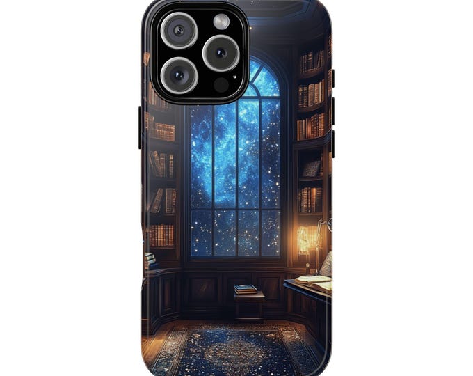 Book Reading Room Bookshelf Nebula Window Phone Case: iPhone, Galaxy, Pixel - Lifetime Warranty
