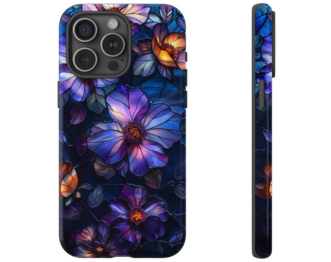 Midnight Violet Floral Stained Glass Flowers Phone Case: iPhone, Galaxy, Pixel - Lifetime Warranty