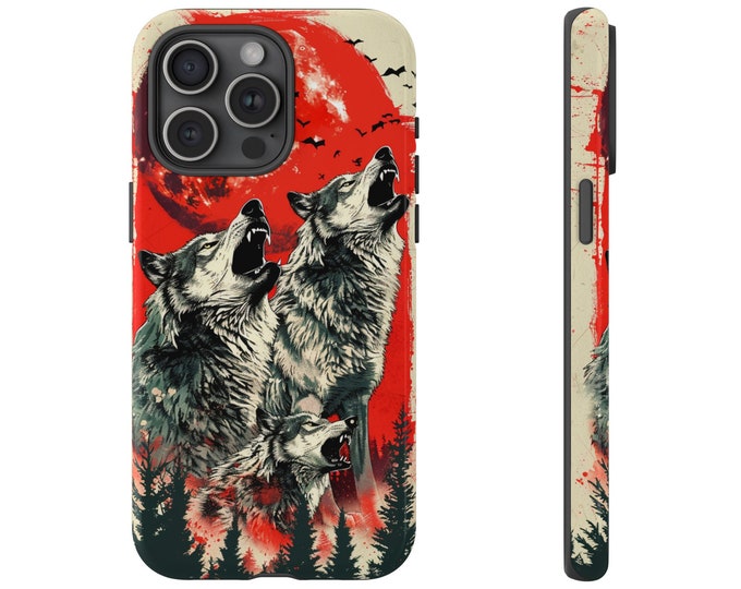 Phone Case for Galaxy, iPhone, Pixel | Blood Moon Wolves Wolf Howling at Orange Red Full Moon Lunar Night Abstract | Tough Cover Protector