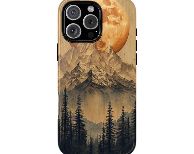 Phone Case for iPhone 16 15 14 13 12 | MagSafe Compatible | Galaxy S24 | Pixel | Tough Cover - Moonlit Snow Peaks Moon Carved Mountain Print