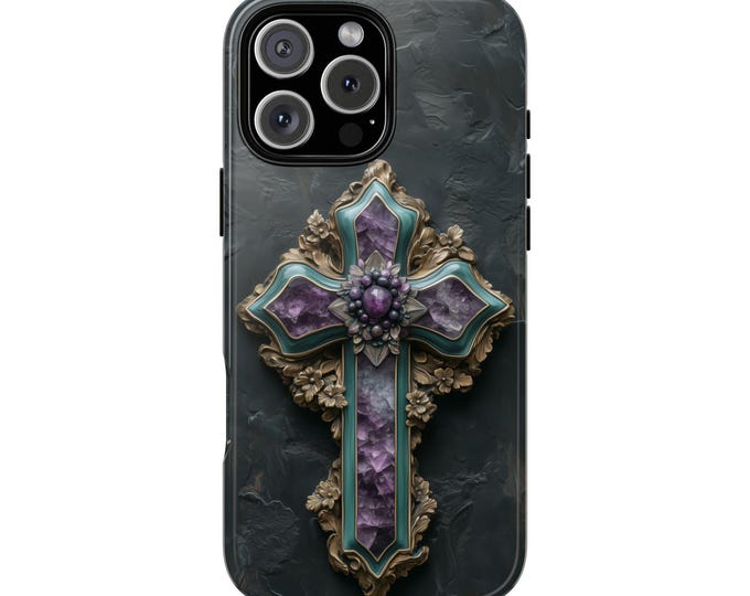 Cross Purple Crystal Teal Geode Christian Phone Case: Tough Cover for iPhone (MagSafe Compatible), Samsung Galaxy, Pixel