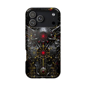 Può includere: Una cover per smartphone nera caratterizzata da un complesso design meccanico con intricati componenti grigio scuro e neri, evidenziati da motivi circolari rossi luminosi e accenti lineari giallo brillante per un'estetica densa e tecnica.