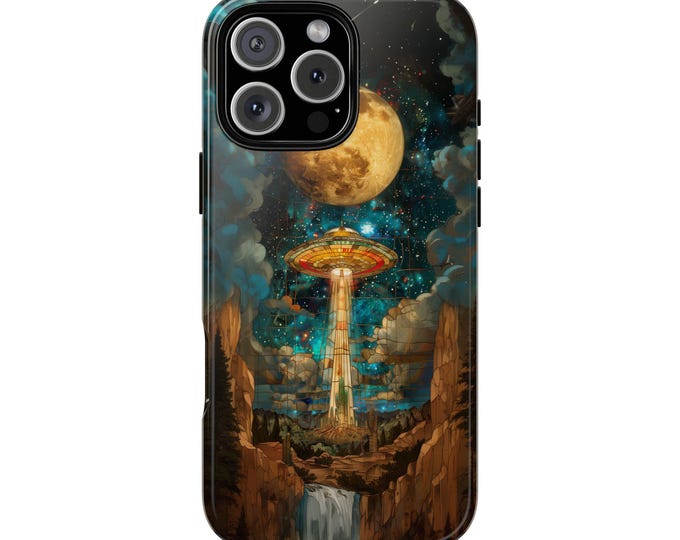 UFO Spacecraft Waterfall Canyon Moon Phone Case: iPhone, Galaxy, Pixel - Lifetime Warranty