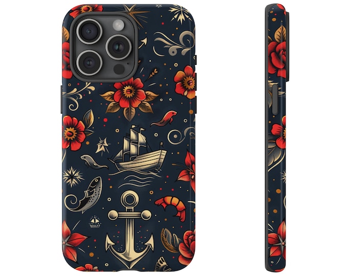Navy Blue Nautical Sailor Anchor Flowers Phone Case: iPhone, Galaxy, Pixel - Lifetime Warranty