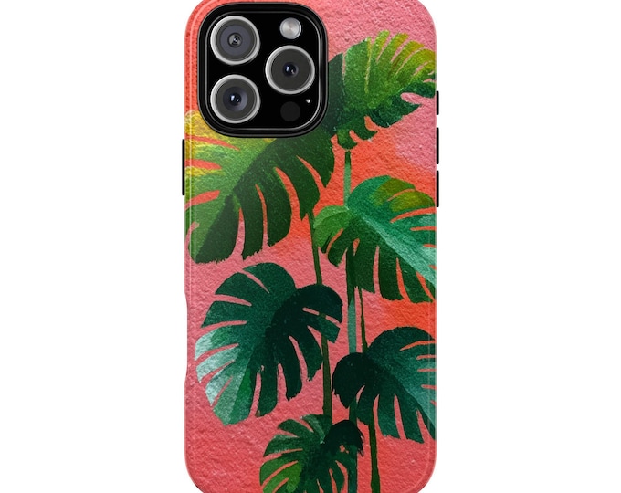 Watercolor Palm Leaves Coral Phone Case: iPhone, Galaxy, Pixel - Lifetime Warranty