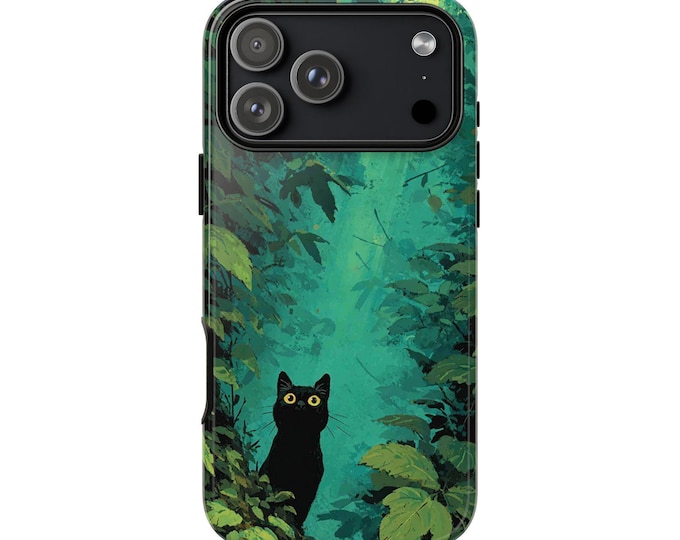 Black Cat Green Forest Leaves Phone Case: iPhone, Galaxy, Pixel - Lifetime Warranty