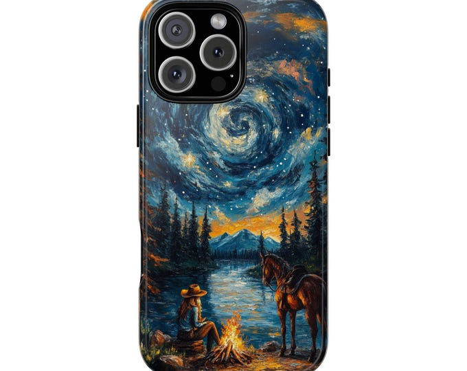 Night Sky Cowgirl Oil Painting Campfire Phone Case: iPhone, Galaxy, Pixel - Lifetime Warranty