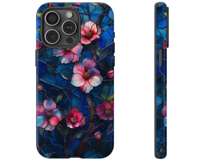 Night Blossoms Stained Glass Pink Purple Blue Phone Case: iPhone, Galaxy, Pixel - Lifetime Warranty