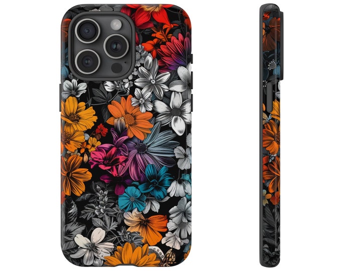 Phone Case for Galaxy, iPhone, Pixel | Beautiful Flower Drawing Pattern Blooming Floral Chic Design for Her | Dual Layer Tough Cover