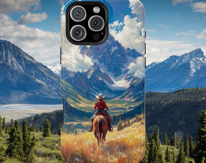 Cowgirl Riding Across Grass Mountains Phone Case: iPhone, Galaxy, Pixel - Lifetime Warranty