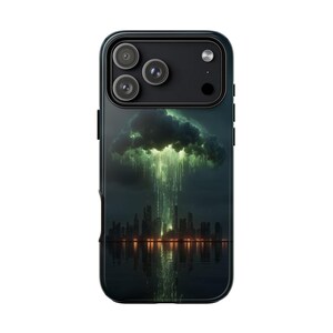 Green Rain City Skyline Matrix Code Phone Case | iPhone, Galaxy, Pixel | Dual Layer Shockproof Cover