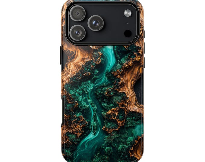 Emerald Teal Resin Dark Walnut Marble Phone Case: iPhone, Galaxy, Pixel - Lifetime Warranty