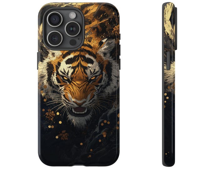 Golden Tiger Phone Case | iPhone, Samsung Galaxy, Pixel | Chinese Gold Tigers Fierce Abstract Artistic Bengal Design | Tough Cover
