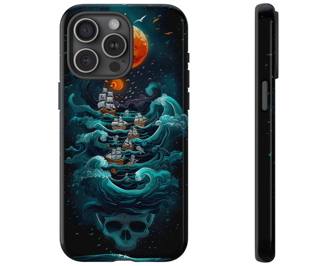 Cute Embroidered Pirate Ship Skeleton Phone Case - Ghosts Waves Phone Cover - Artistic Skull Phone Case - iPhone, Pixel, Samsung Galaxy