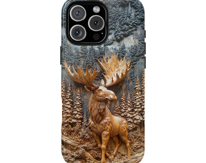 Moose Wood Carving Print Phone Case: iPhone, Galaxy, Pixel - Lifetime Warranty