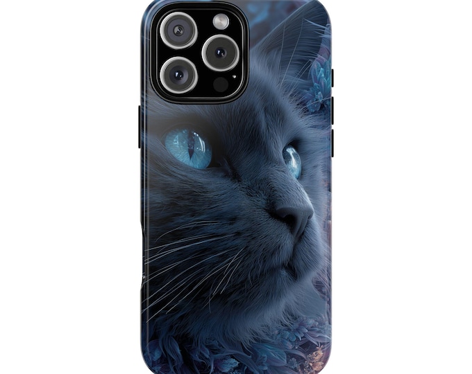 Gray Cat Blue Eyes Smoke Floral Phone Case: iPhone, Galaxy, Pixel - Lifetime Warranty