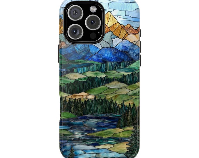 Mountain Valley Forest Stained Glass Phone Case: iPhone, Galaxy, Pixel - Lifetime Warranty