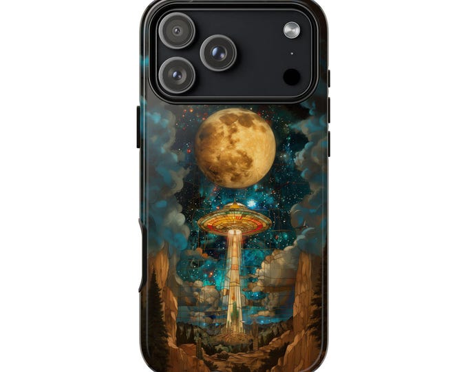 UFO Spacecraft Waterfall Canyon Moon Phone Case: iPhone, Galaxy, Pixel - Lifetime Warranty