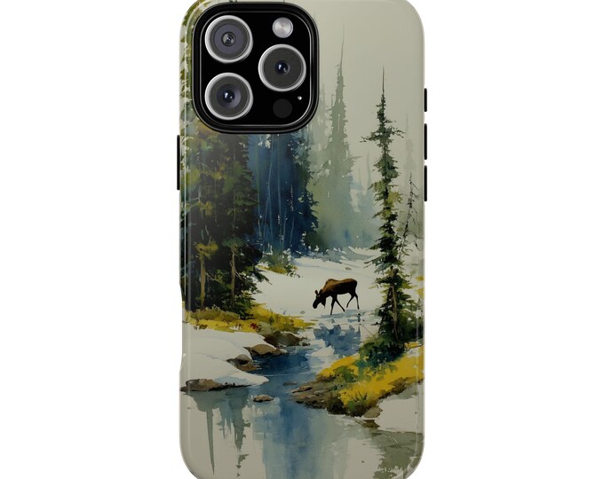 Moose Green Trees Forest Nature Watercolor Phone Case: iPhone, Galaxy, Pixel - Lifetime Warranty