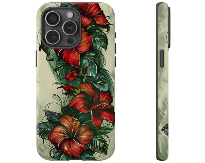 Phone Case for Galaxy, iPhone, Pixel | Inked Hibiscus: Crimson Red Flower Tattoo Style Green Floral Vines | Dual Layer Tough Cover Protector