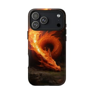May include: A phone case featuring a fiery orange dragon design. The dragon is depicted with intricate details, surrounded by flames, set against a dark background. The case has a black border and a camera cutout.