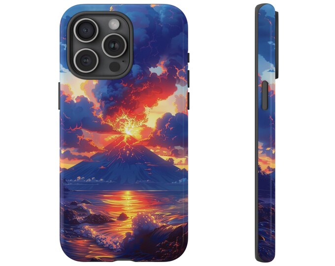 Volcano Sunset Beach Cloudy Sky Art Phone Case: iPhone, Galaxy, Pixel - Lifetime Warranty