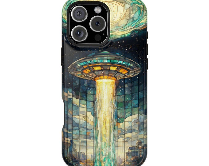 UFO Stained Glass Teal Spaceship Outer Space Phone Case: iPhone, Galaxy, Pixel - Lifetime Warranty