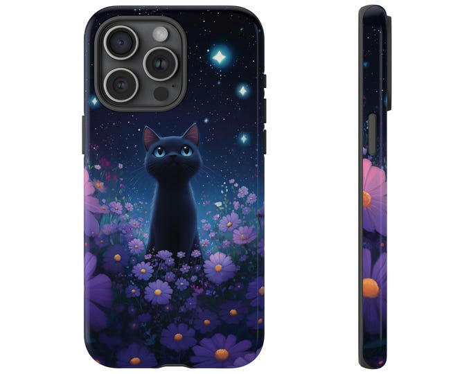 Black Cat Purple Flower Phone Case | iPhone, Samsung Galaxy, Pixel | Starry Night Sky Stars Wildflower Floral Kitty Design Tough Cover