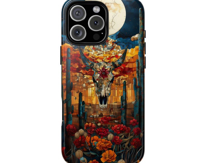 Western Cow Skull Desert Stained Glass Phone Case: iPhone, Galaxy, Pixel - Lifetime Warranty
