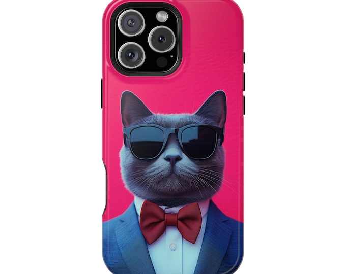 Gray Cat Sunglasses Blue Suit Red Bow Tie Phone Case: iPhone, Galaxy, Pixel - Lifetime Warranty