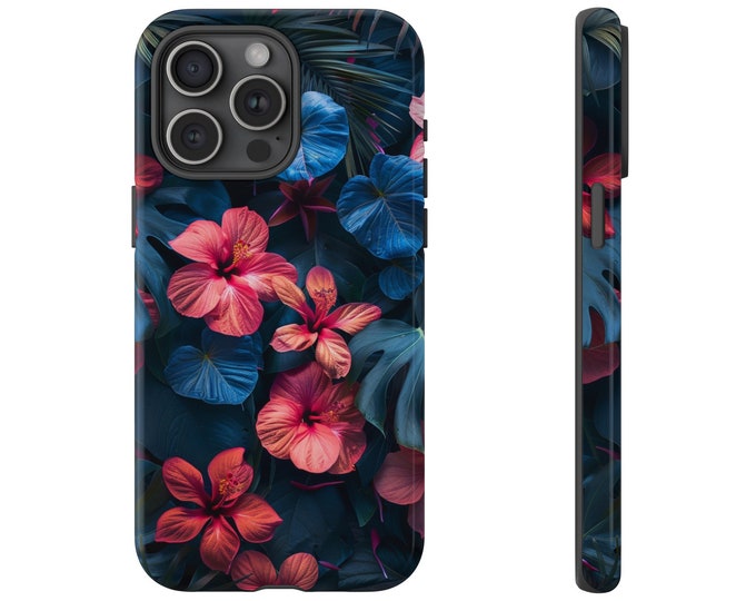 Midnight Pink Blue Hawaii Flowers Tropical Phone Case: iPhone, Galaxy, Pixel - Lifetime Warranty