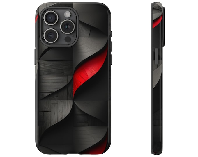 Geometric Wood Carbon Black Red Phone Case: iPhone, Galaxy, Pixel - Lifetime Warranty