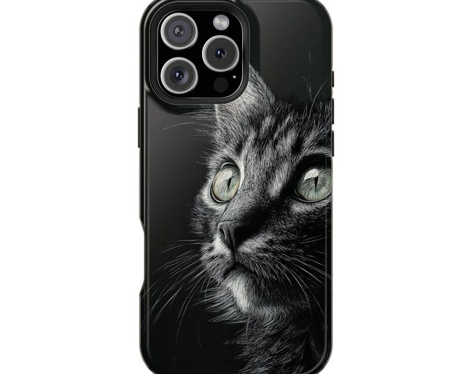 Gray Cat Green Eyes Monochrome Phone Case: iPhone, Galaxy, Pixel - Lifetime Warranty