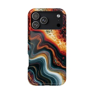 May include: A smartphone case featuring a fluid, abstract marble pattern with swirling layers of deep black, dark teal, burnt orange, and bright yellow. The design mimics natural agate stone with organic, flowing lines across the entire surface.