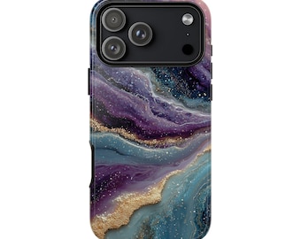 Purple Nebula Marble Gold Teal Resin Phone Case | iPhone, Galaxy, Pixel | Shockproof Cover