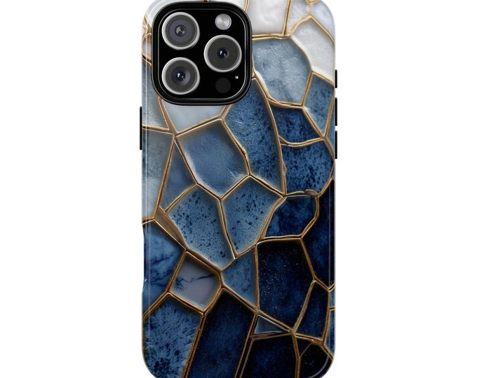 Navy Blue White Marble Gradient Gold Mosaic Tiles Phone Case: iPhone, Galaxy, Pixel - MagSafe Compatible